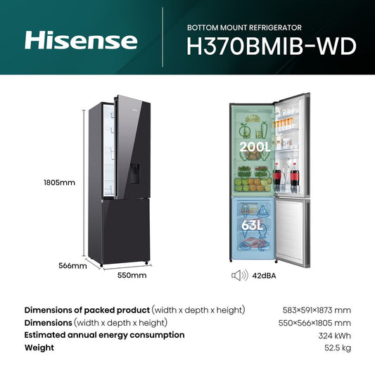 Hisense 347L Bottom Freezer Fridge with Water Dispenser - Black Glass