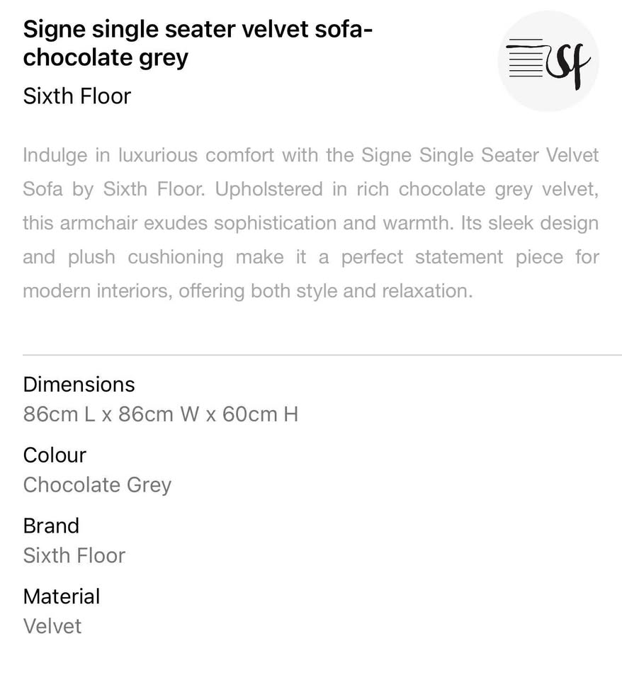 Single Seater Velvet Sofa - Chocolate Grey Couch