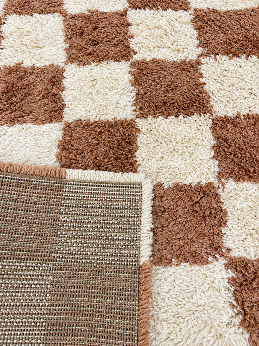 Checkered Shaggy Rug - Natural & Rust