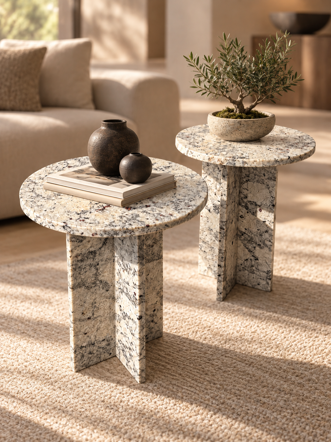 Natural Stone Pedestal Side Table – White & Grey with Burgundy Flecks