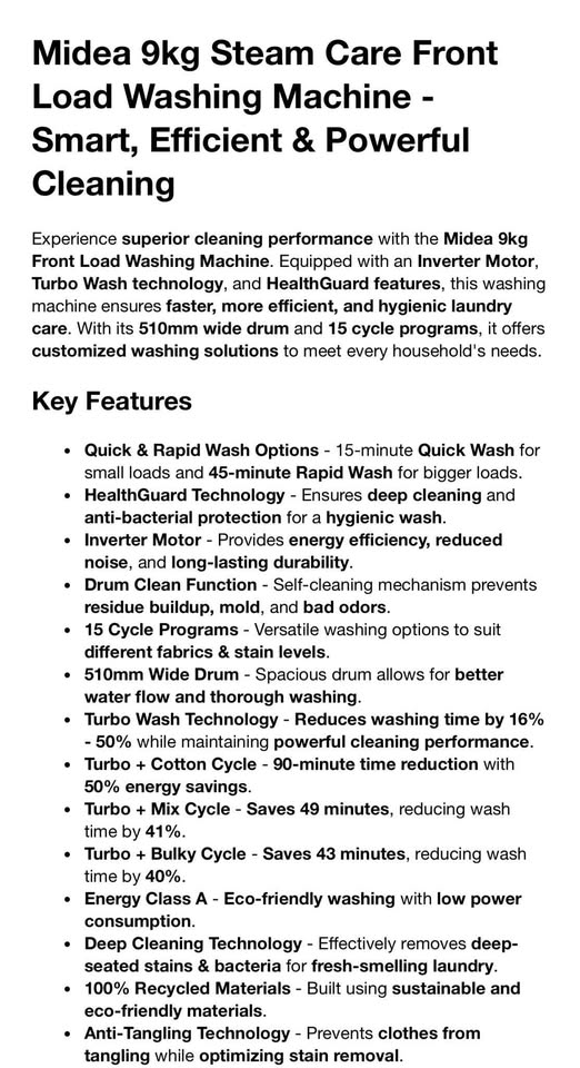 Midea 9kg Titanium Front Loader Steam Washing Machine - 9kg