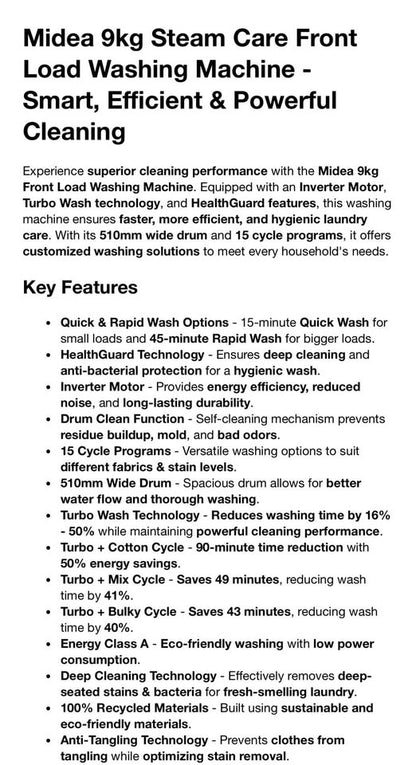 Midea 9kg Titanium Front Loader Steam Washing Machine - 9kg