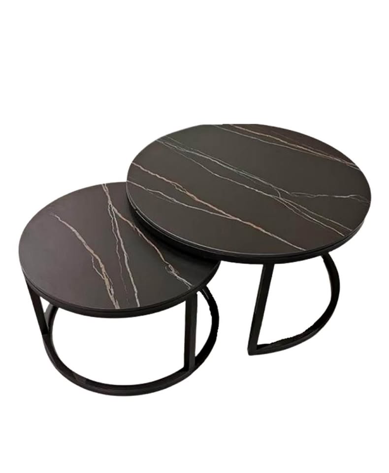 Rounded Faux Marble Top Black - Black Metal Round - Set Of 2