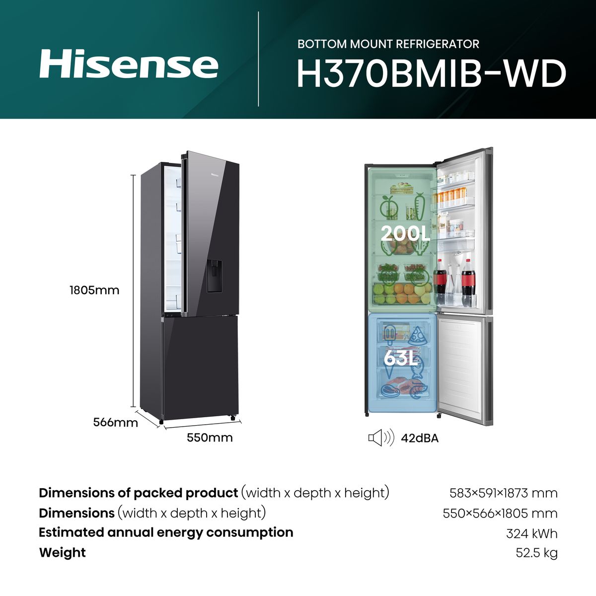 Hisense 347L Bottom Freezer Fridge with Water Dispenser - Black Glass