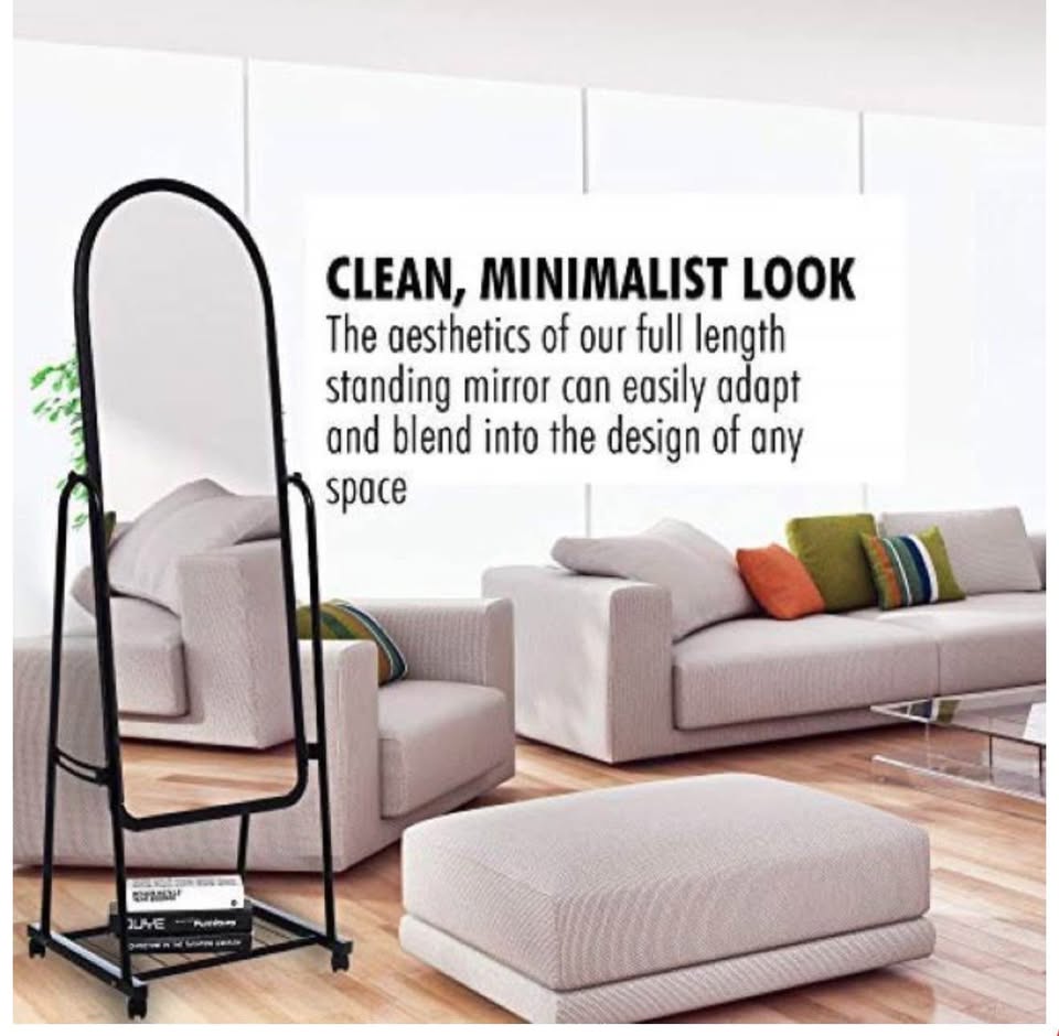 Woodly Adjustable Stand Up Mirror on Wheels with Storage Underneath - Black