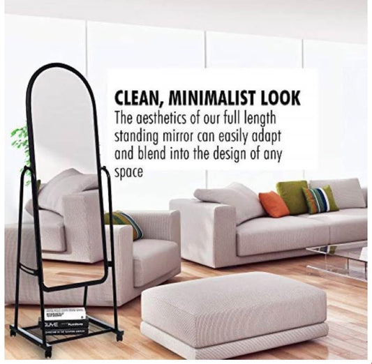 Woodly Adjustable Stand Up Mirror on Wheels with Storage Underneath - Black