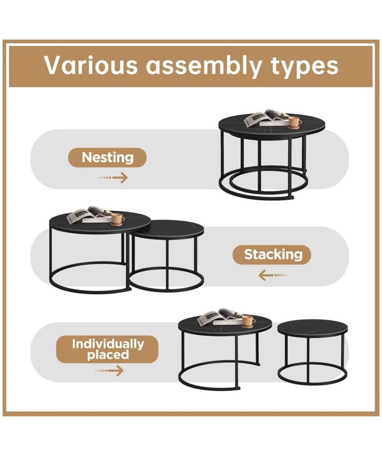 Rounded Faux Marble Top Black - Black Metal Round - Set Of 2