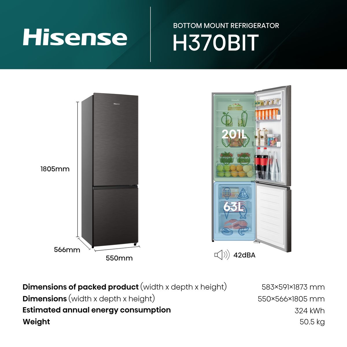 Hisense 264L Bottom Freezer Fridge - Titanium Inox