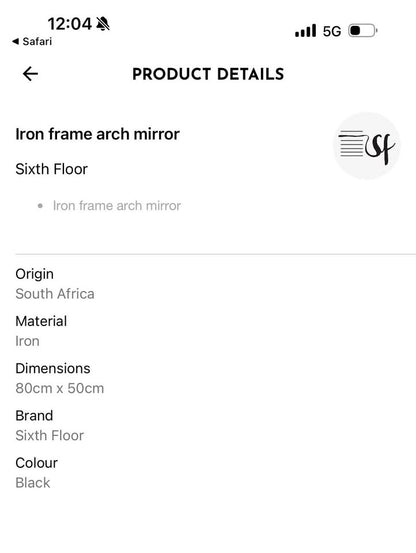 Brand New Iron Frame Arch Mirror - 50 x 80