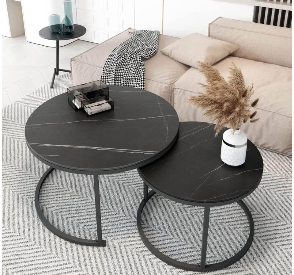 Rounded Faux Marble Top Black - Black Metal Round - Set Of 2