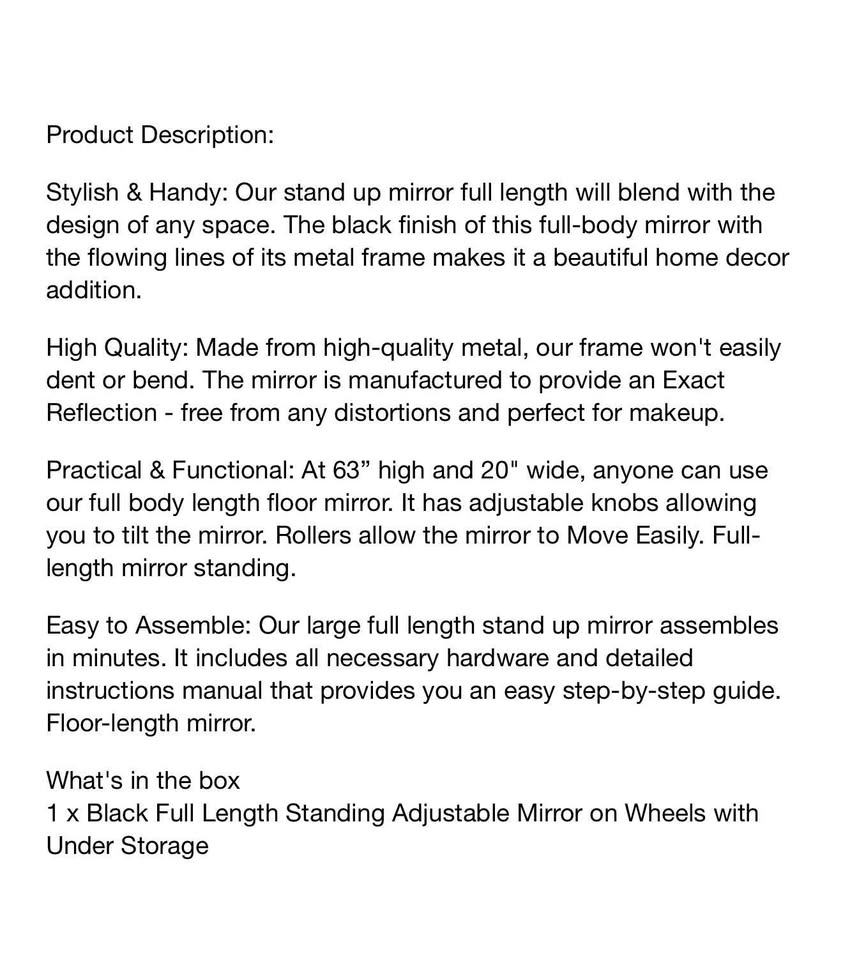 Woodly Adjustable Stand Up Mirror on Wheels with Storage Underneath - Black