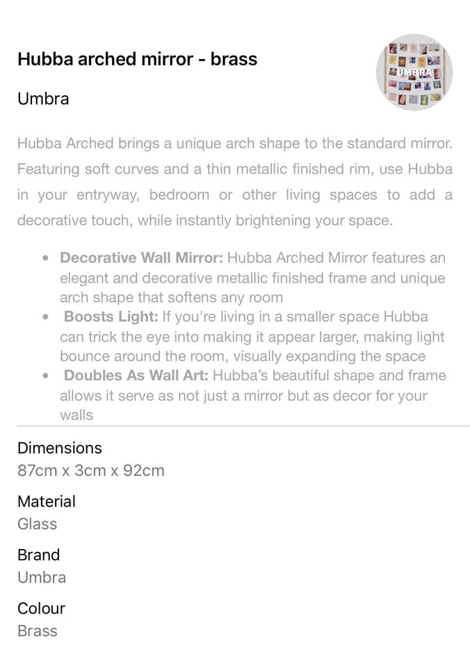 Hubba Arched Mirror - Brass