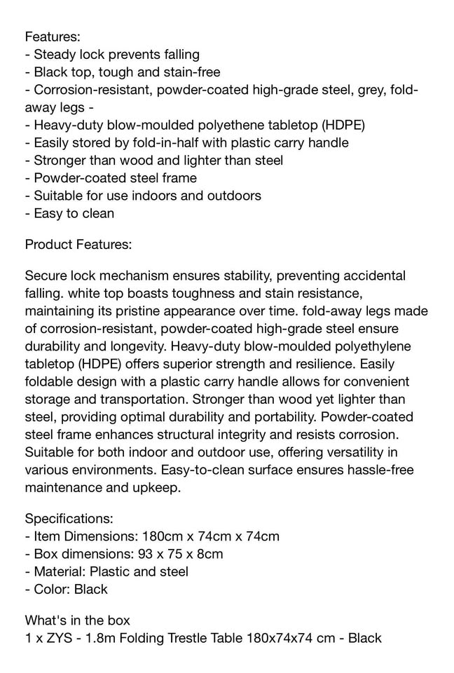 Camping Folding Table 1800mm Black