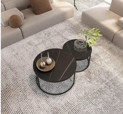 Rounded Faux Marble Top Black - Black Metal Round - Set Of 2