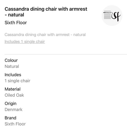Brand new Cassandra dining chair with armrest - neutral