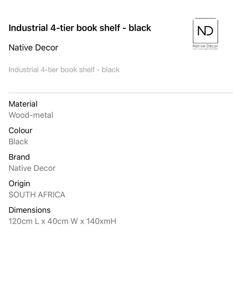 Industrial 4-Tier Book Shelf - Black