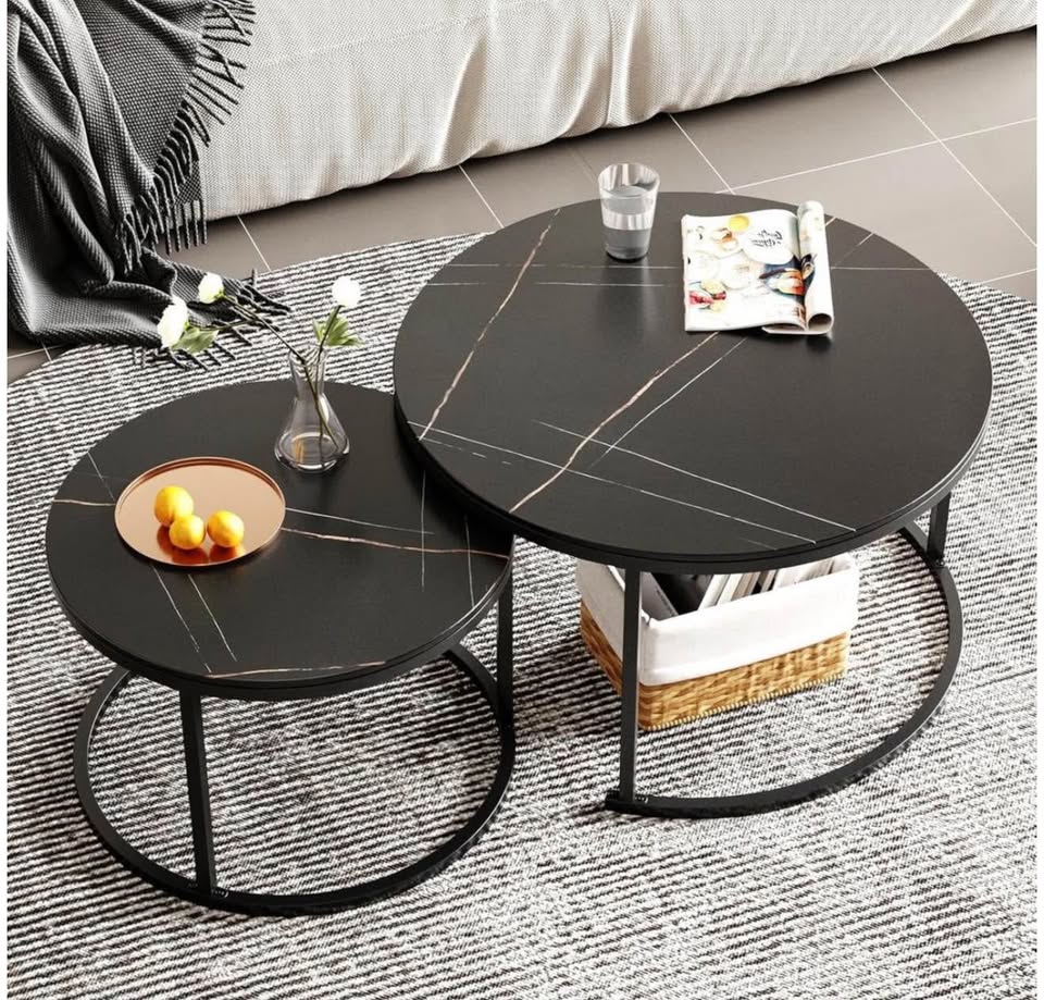 Rounded Faux Marble Top Black - Black Metal Round - Set Of 2