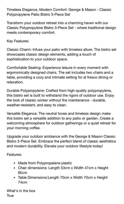 George Mason Classic Patio Bistro Set - Coffee