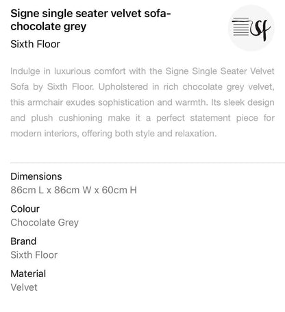 Single Seater Velvet Sofa - Chocolate Grey Couch