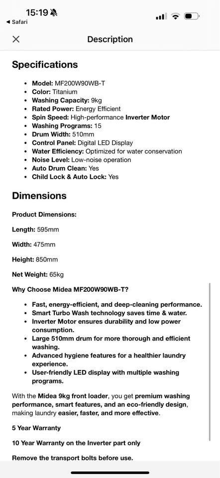 Midea 9kg Titanium Front Loader Steam Washing Machine - 9kg