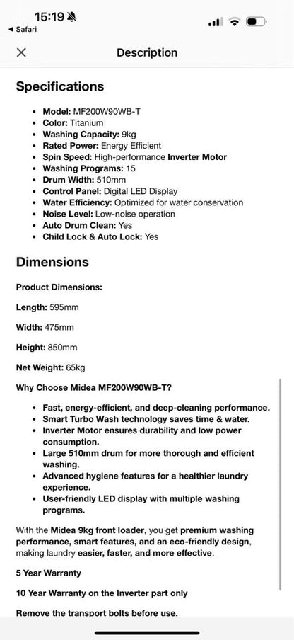 Midea 9kg Titanium Front Loader Steam Washing Machine - 9kg