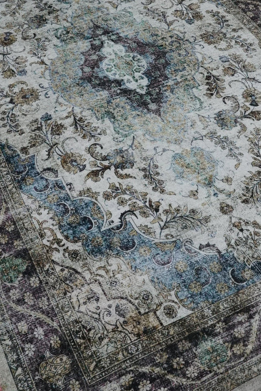 Eve Grey and Blue Vintage Printed Area Rug 200 x 300