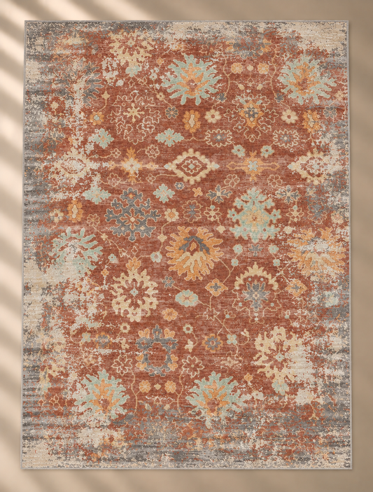 Distressed Floral Rug Rust - 160x230