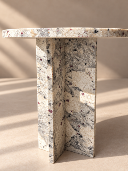 Natural Stone Pedestal Side Table – White & Grey with Burgundy Flecks
