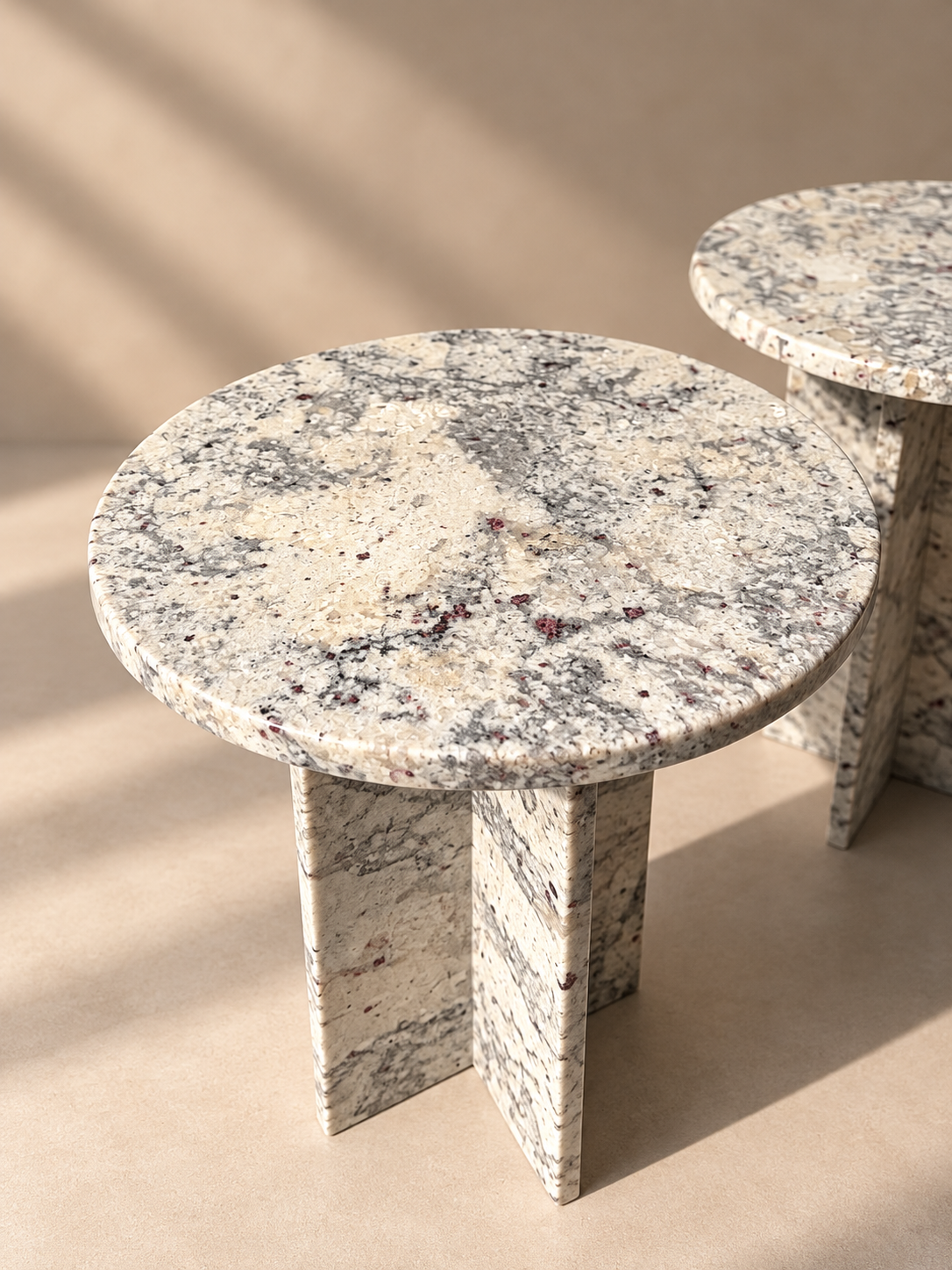 Natural Stone Pedestal Side Table – White & Grey with Burgundy Flecks