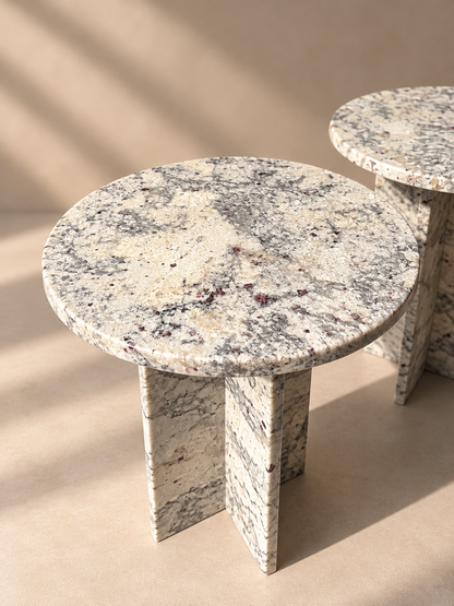 Natural Stone Pedestal Side Table – White & Grey with Burgundy Flecks