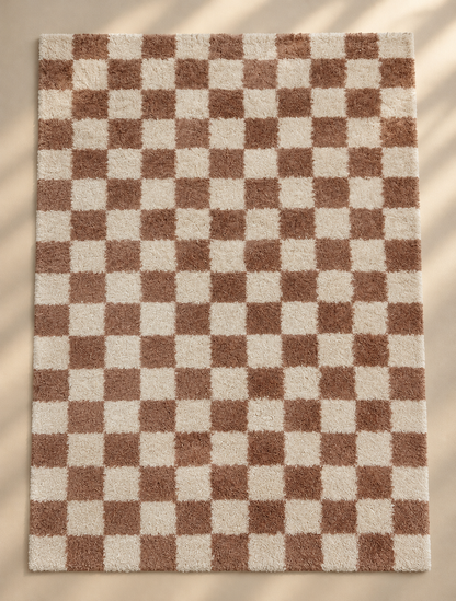 Checkered Shaggy Rug - Natural & Rust