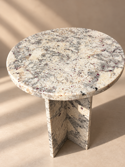 Natural Stone Pedestal Side Table – White & Grey with Burgundy Flecks