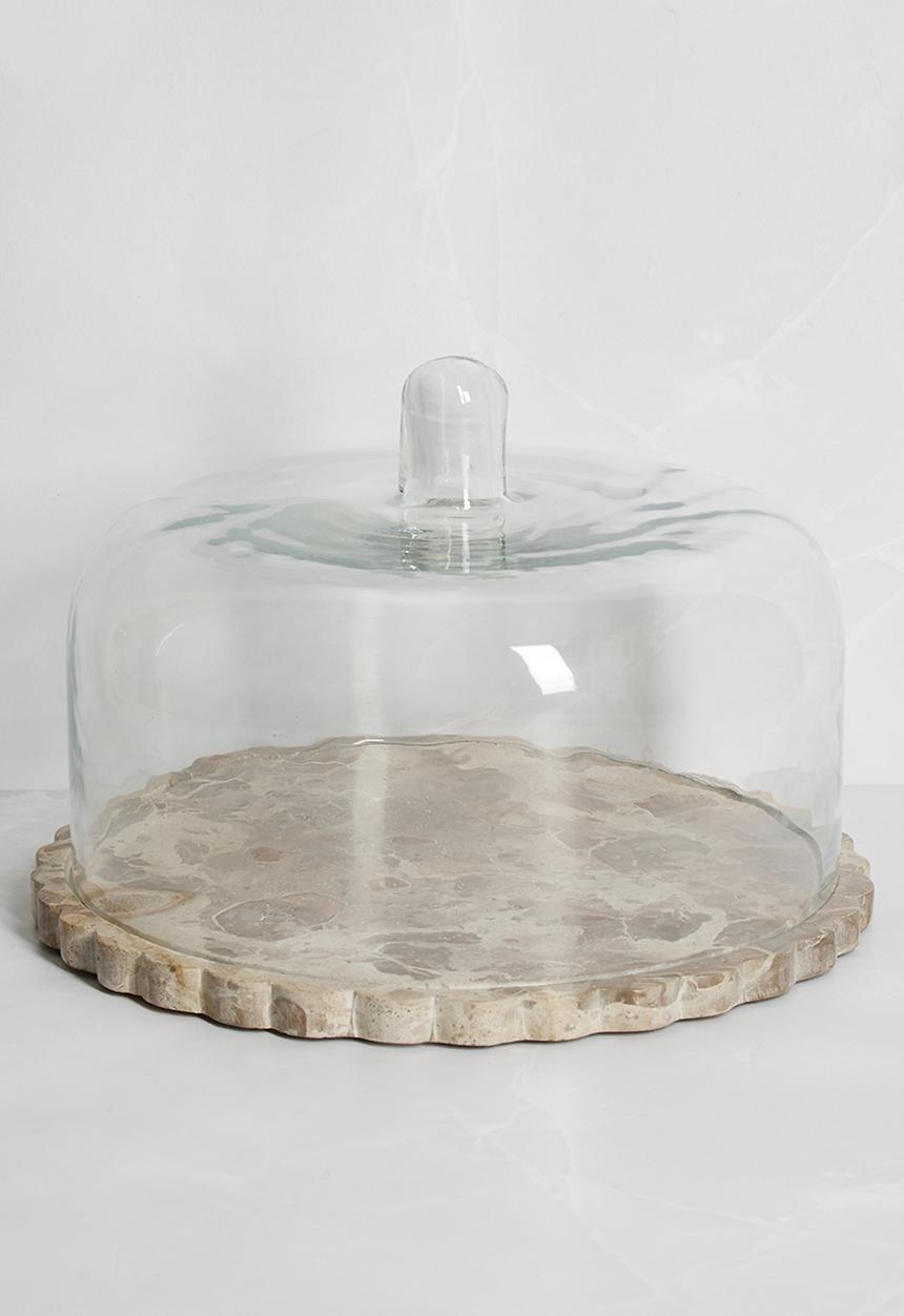 Scalloped Marble Cake Stand with Glass Dome – Natural