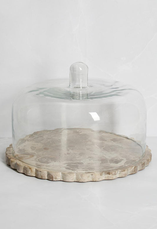 Scalloped Marble Cake Stand with Glass Dome – Natural