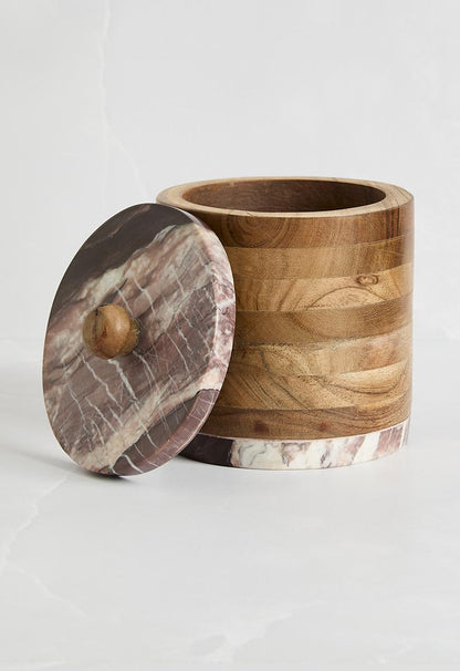 Wood cannister with marble lid small - brown