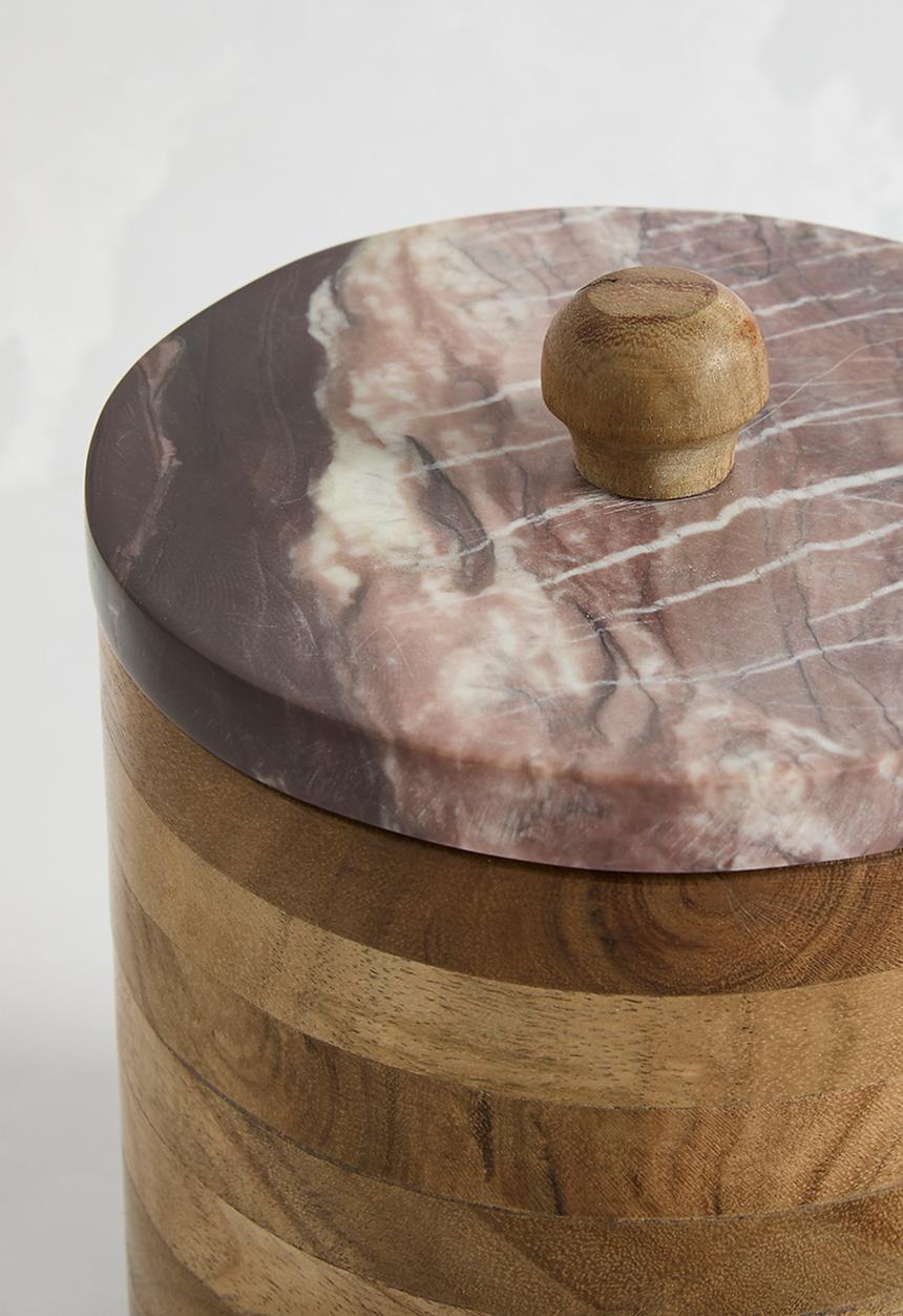 Wood cannister with marble lid small - brown