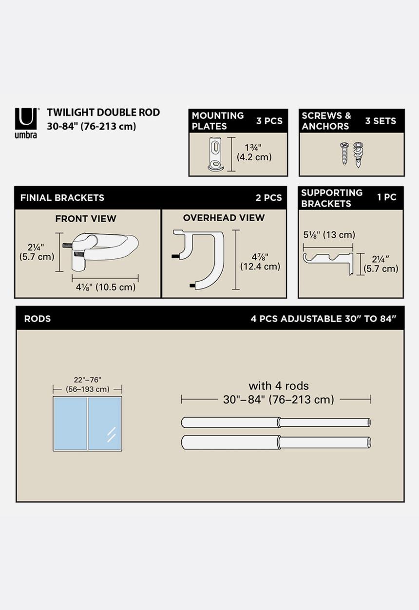 Twilight expandable double curtain rod - black - 168 W x 366 L
