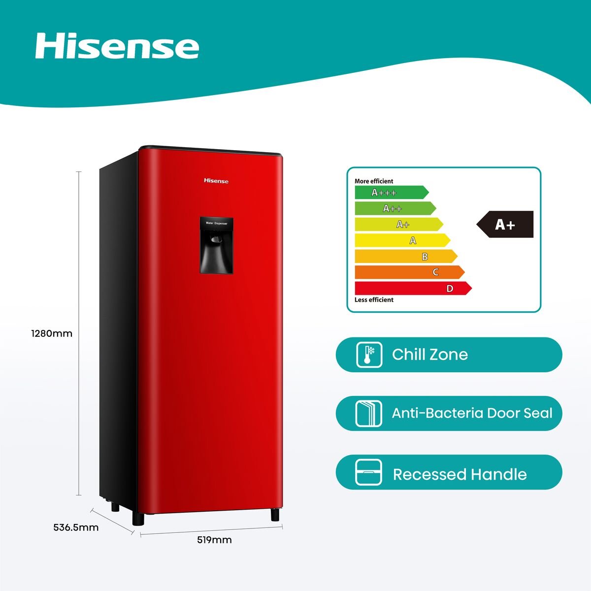 Hisense 177L Single Door Fridge with Water Dispenser - Red - H235rre-wd