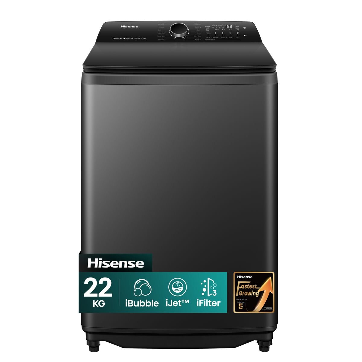 Hisense 22Kg Top Loader Washing Machine with DD Inverter-Premium Black - Infinite Series 5 Tide Wash Soft Close Door