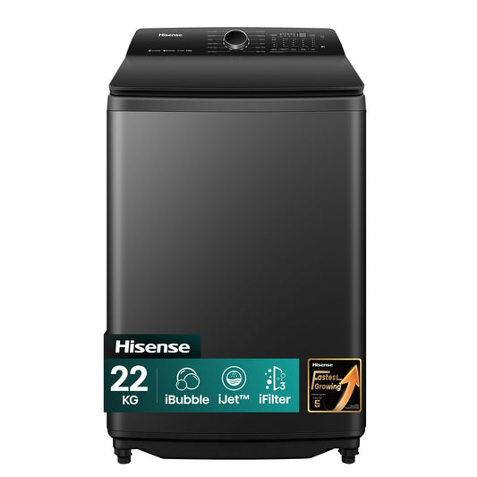 Hisense 22Kg Top Loader Washing Machine with DD Inverter-Premium Black - Infinite Series 5 Tide Wash Soft Close Door